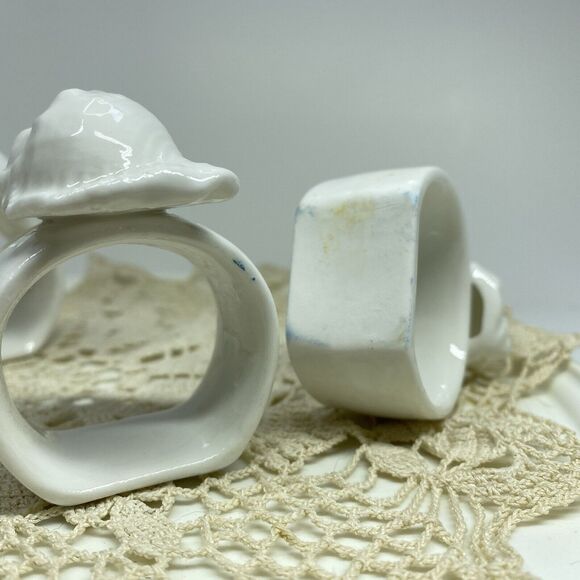 Vintage White Seashell Napkin Rings Set of 4 White Nautical Ocean Conch Shells - Picture 4 of 11